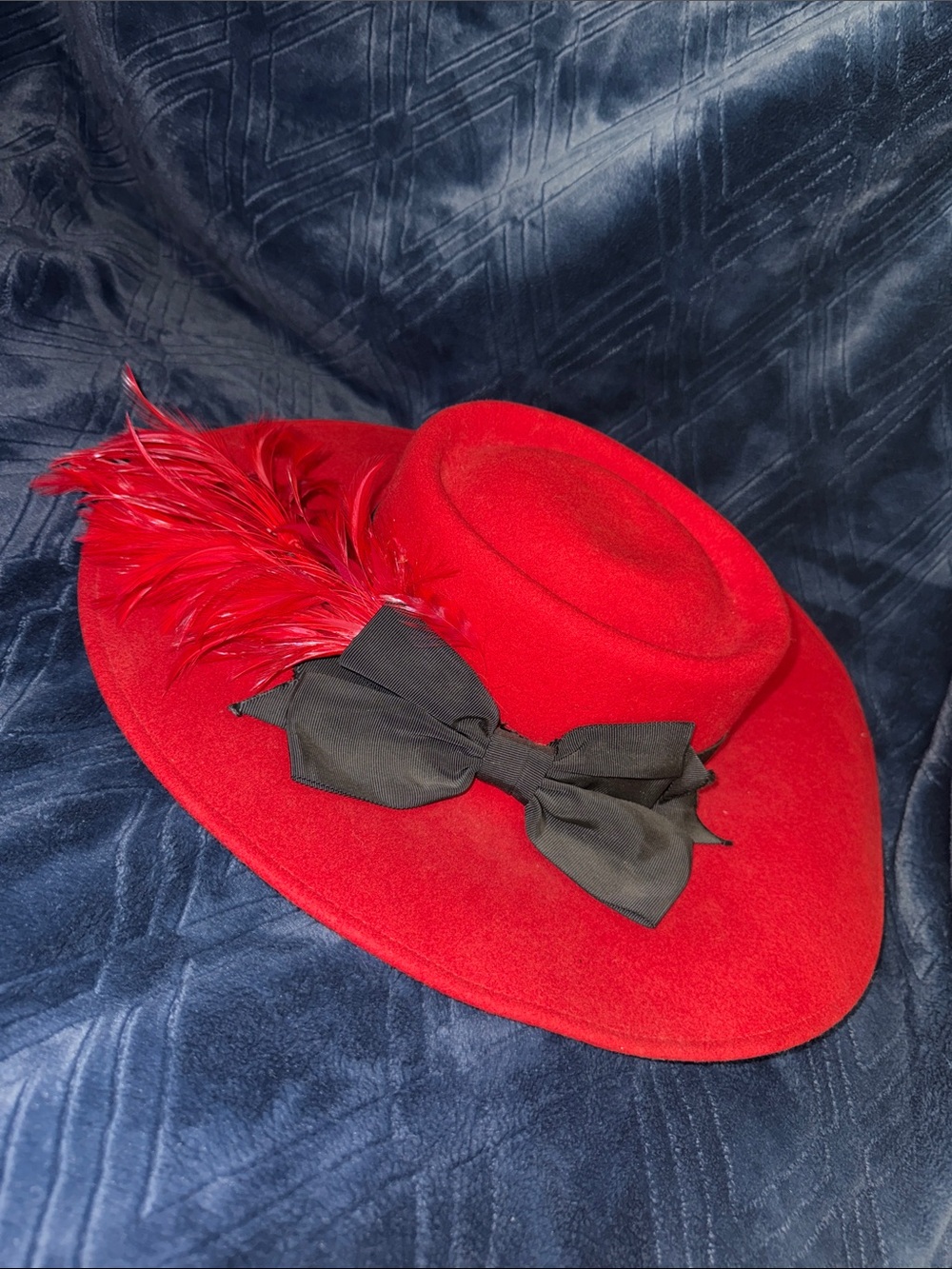 Statement Red Wide-Brim Felt Hat with Black Bow and Feather